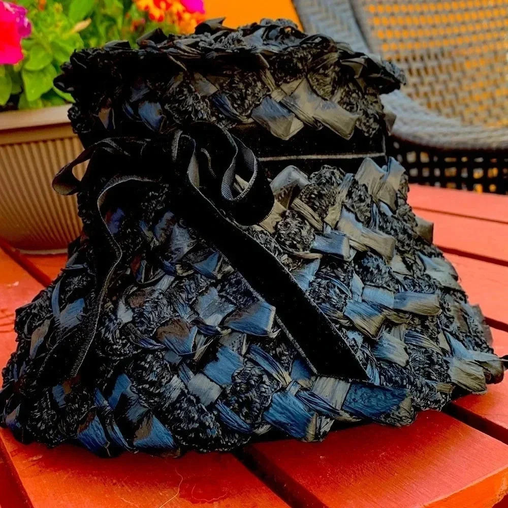 Vintage black, handmade, crêpe & satin hat with a black velvet ribbon